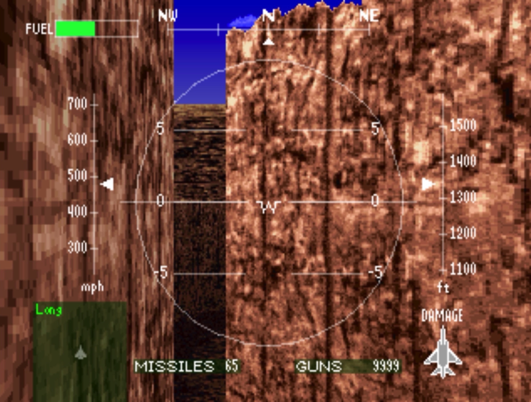 A screenshot from Air Combat, within a canyon